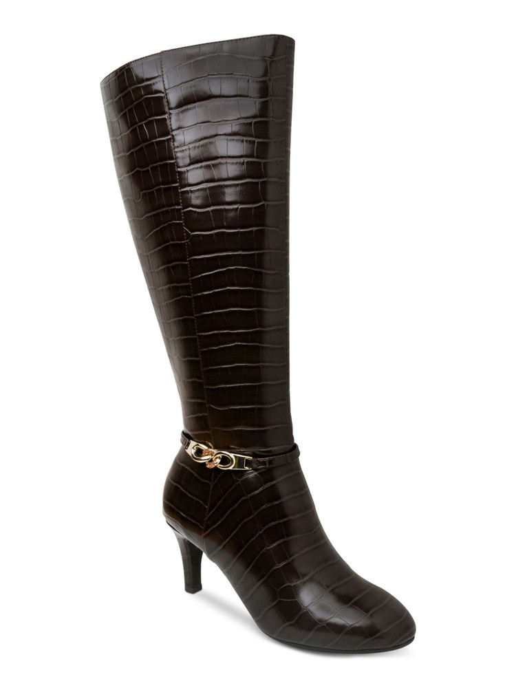 KAREN SCOTT Black Croc Chain Wide Calf Kitten Heel Boots Women's Size 8 Medium Almond