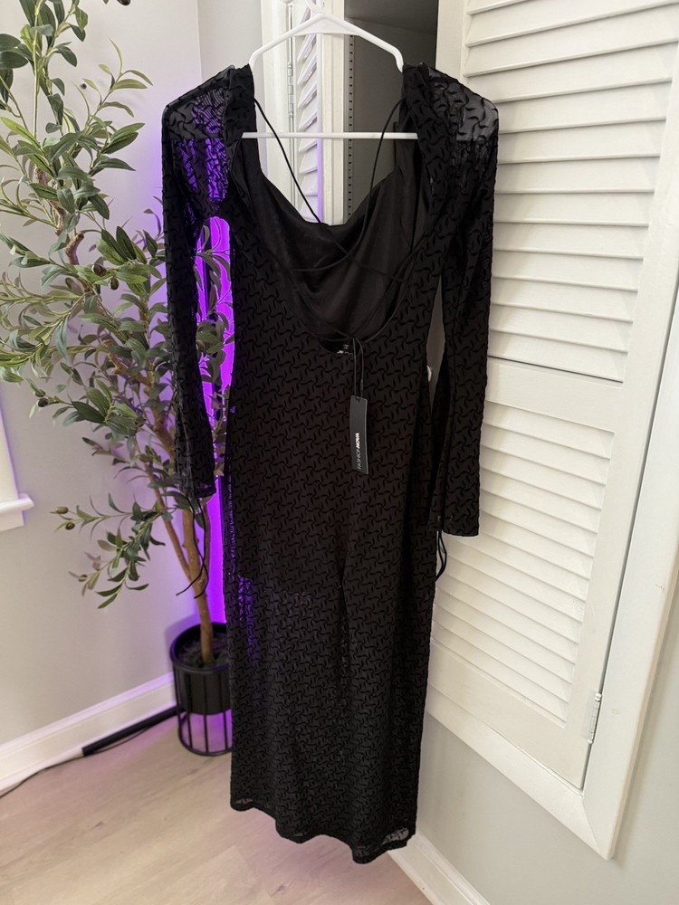 Fashion Nova Black Sheer Maxi Dress Women’s Long Sleeve Mesh Backless Party Size