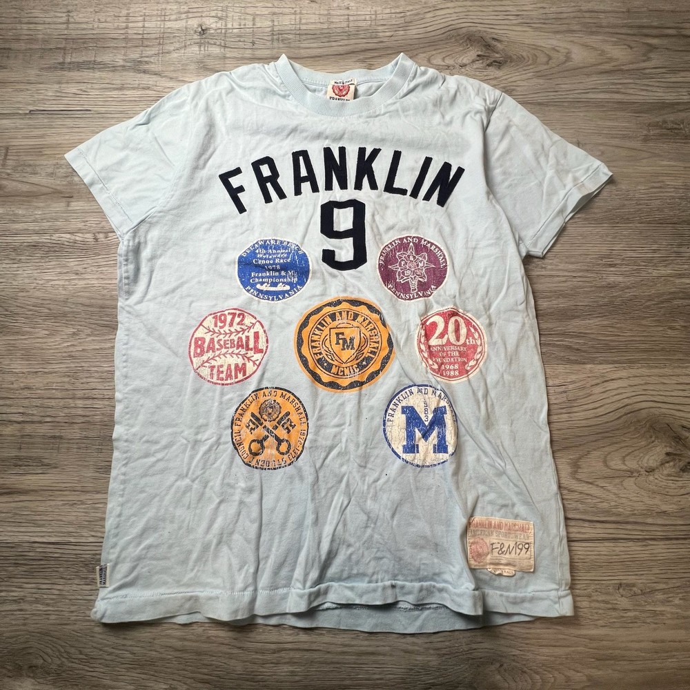 Franklin & Marshall T-Shirt Mens Large Blue Graphic Patch Made In Italy Tee