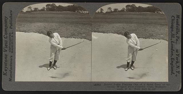 Bobby Jones playing out of a sand trap to the green, Winged Foot Country Club,