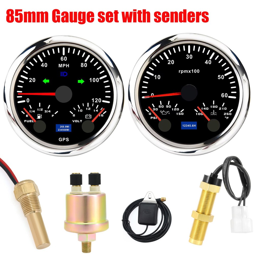85mm GPS Speedometer 0-120MPH Fuel Volt Gauge and 85mm Tachometer Oil Temp Kit with Senders