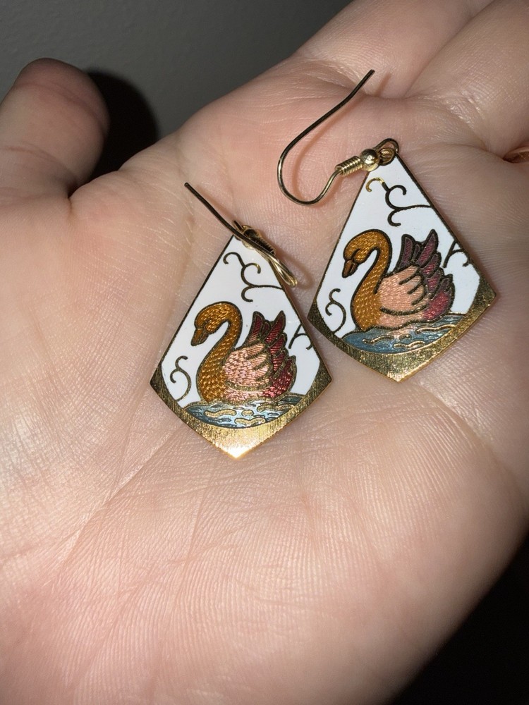 Swan Cloisonné Vintage Earrings Dangle Gold Tone