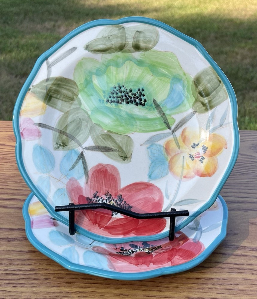 2 Pioneer Woman VINTAGE BLOOM Turquoise Rim 8.5” Floral Salad Luncheon Plate