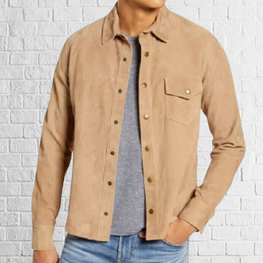 New Men's Genuine Beige Suede Leather Shirt Jacket Stylish Soft Slim Fit Shirt