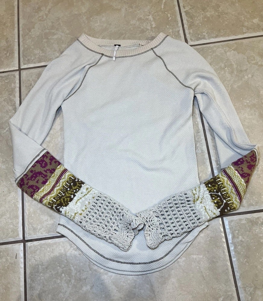 Free People In The Mix Cuff Thermal Top Size XS Statement Sleeve Cream Bohemian