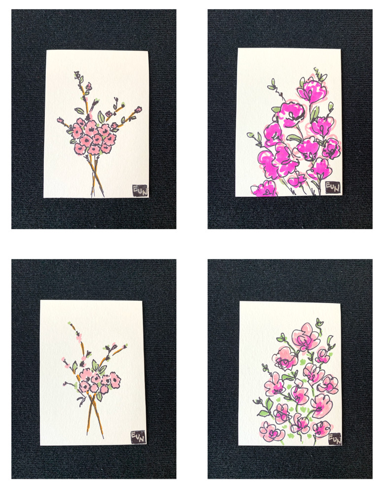 Original ACEO Abstract Flower Paintings by EUN Signed OOAK 4-Piece Set