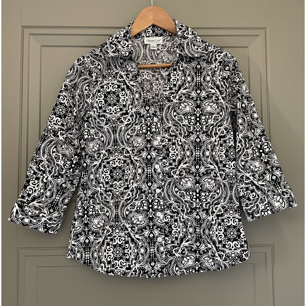 Coldwater Creek Black White Paisley Print Button Down Shirt S Small 6