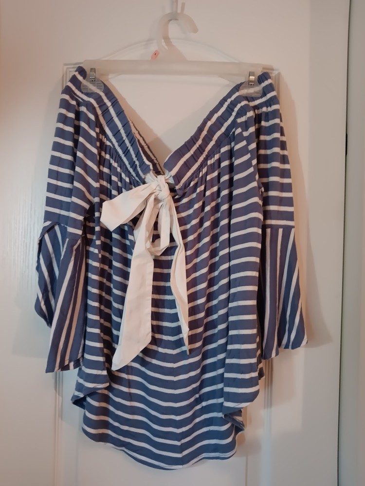 Lane Bryant Women's Stripedoff Shoulder Striped 3/4 Sleeve Blouse Size 14/16