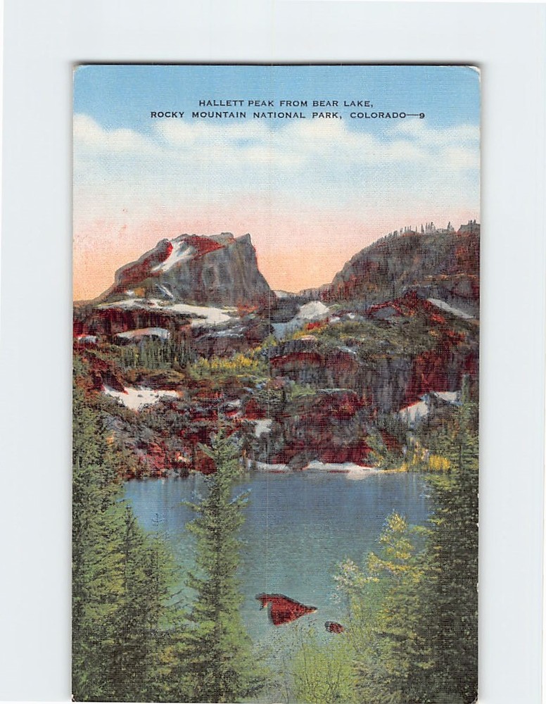 Postcard Hallett Peak from Bear Lake Rocky Mountain National Park Colorado USA