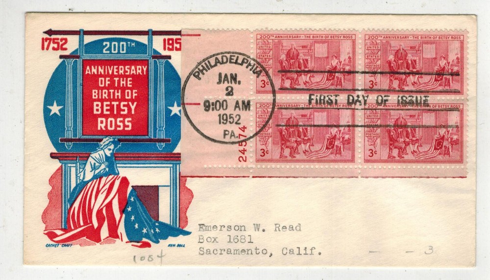 1950s Cachet Craft Ken Boll Plate FDC 1004 Betsy Ross American Flag Collectible