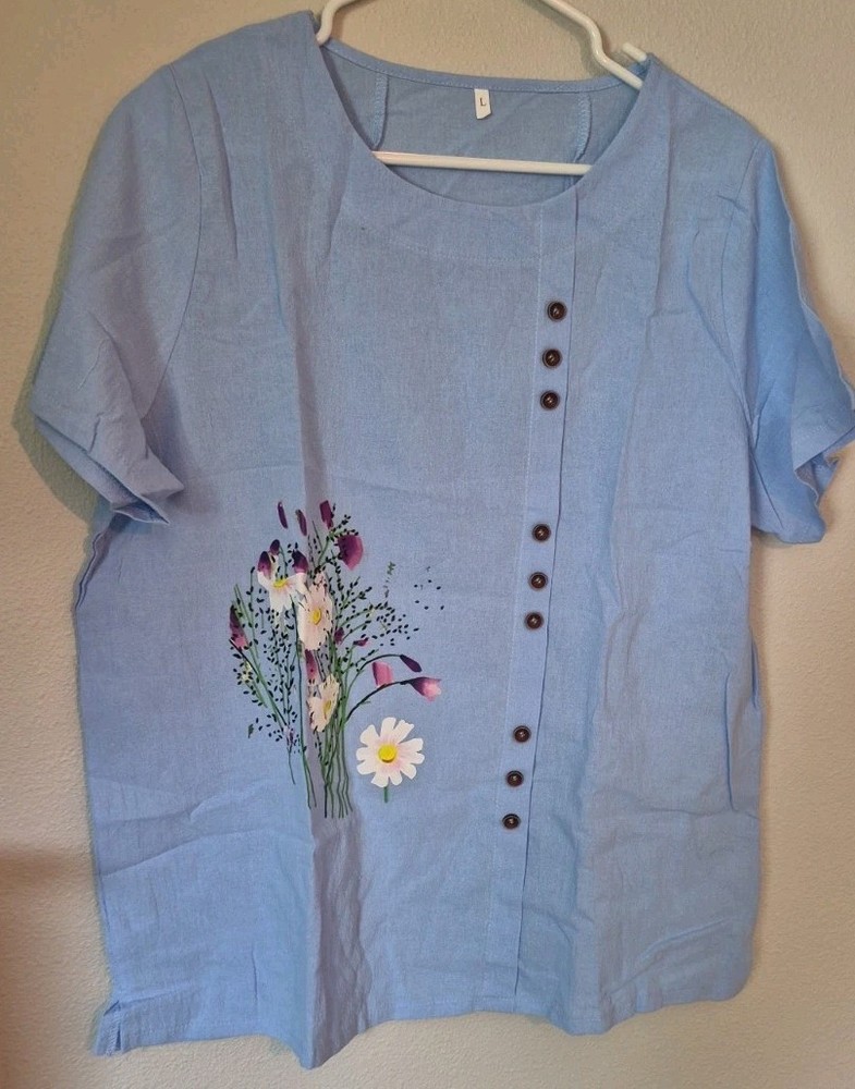 Women’s Blue Floral Print Blouse Size Large Loose Fit Lightweight Cotton Boho