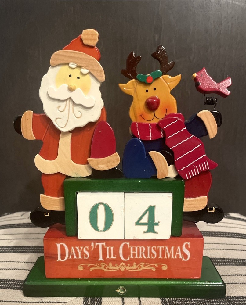 Days Til Christmas Countdown Calendar Santa Reindeer Wooden Block Holiday Decor