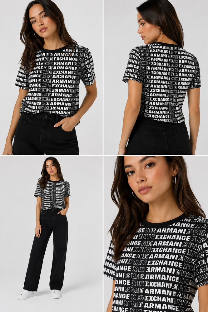 Armani Exchange AX All Over Logo Print T-Shirt Black White Graphic Tee Size S