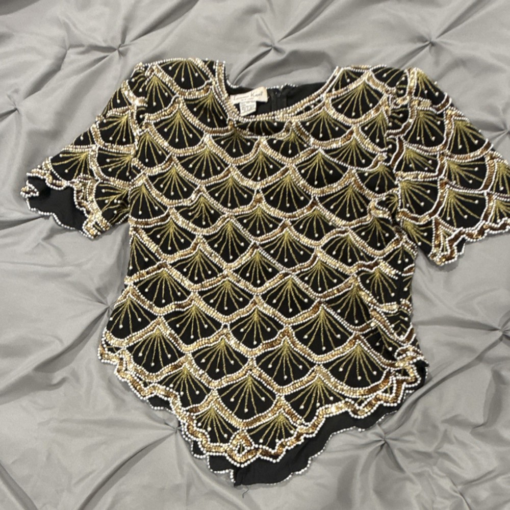 Laurence Kazar Sequin Beaded Silk Blouse Black Gold Geometric L Short Sleeve