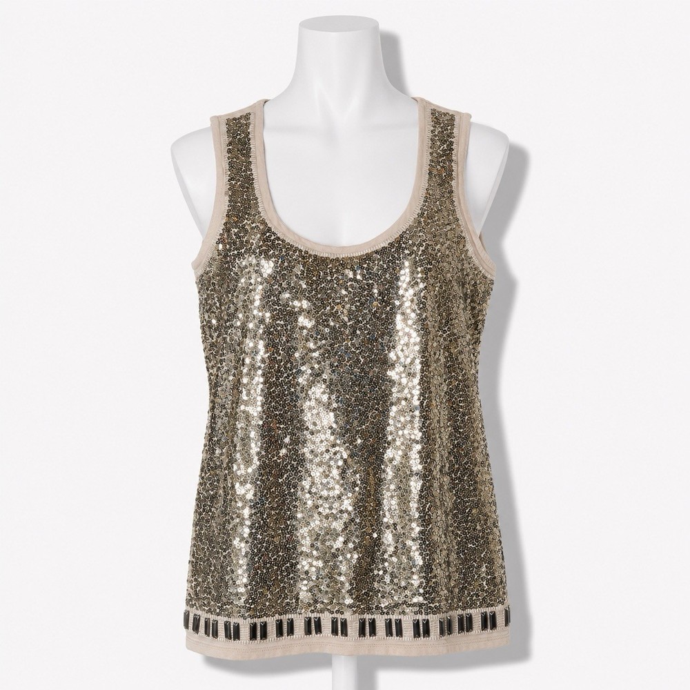 Women's WHITE HOUSE BLACK MARKET Small Cream With Gold Sequins TOP Sleeveless
