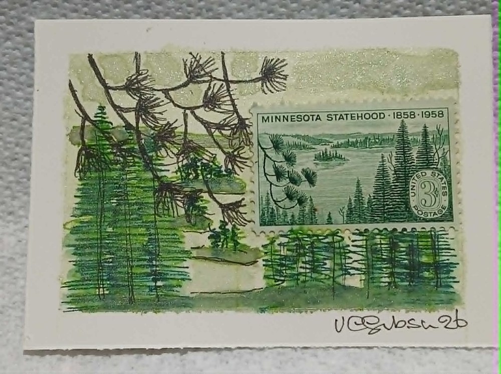 Postal Whimsy OOAK ACEO Minnesota Statehood 3¢ Stamp  Watercolor & Ink Forest