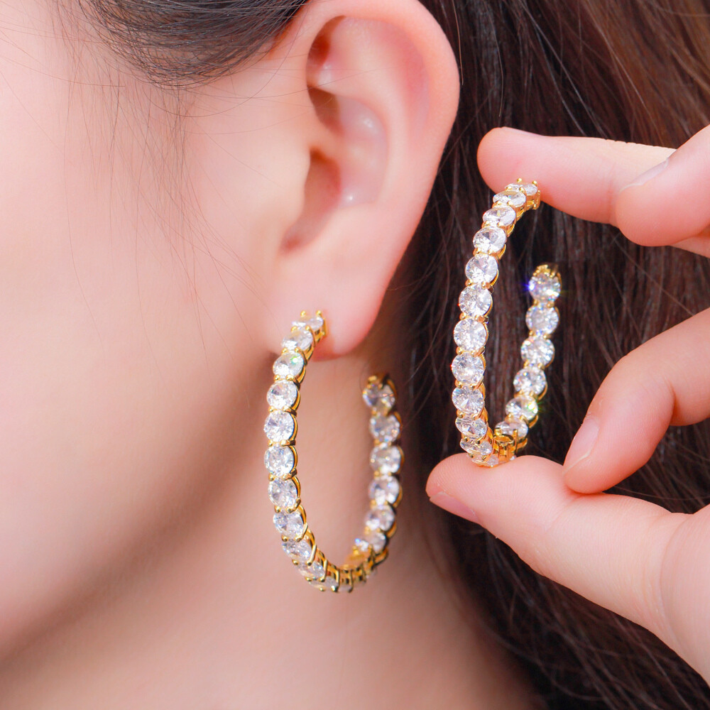 Sparkling Round Cubic Zirconia Gold Plated Hoop Earrings for Women Wedding Party