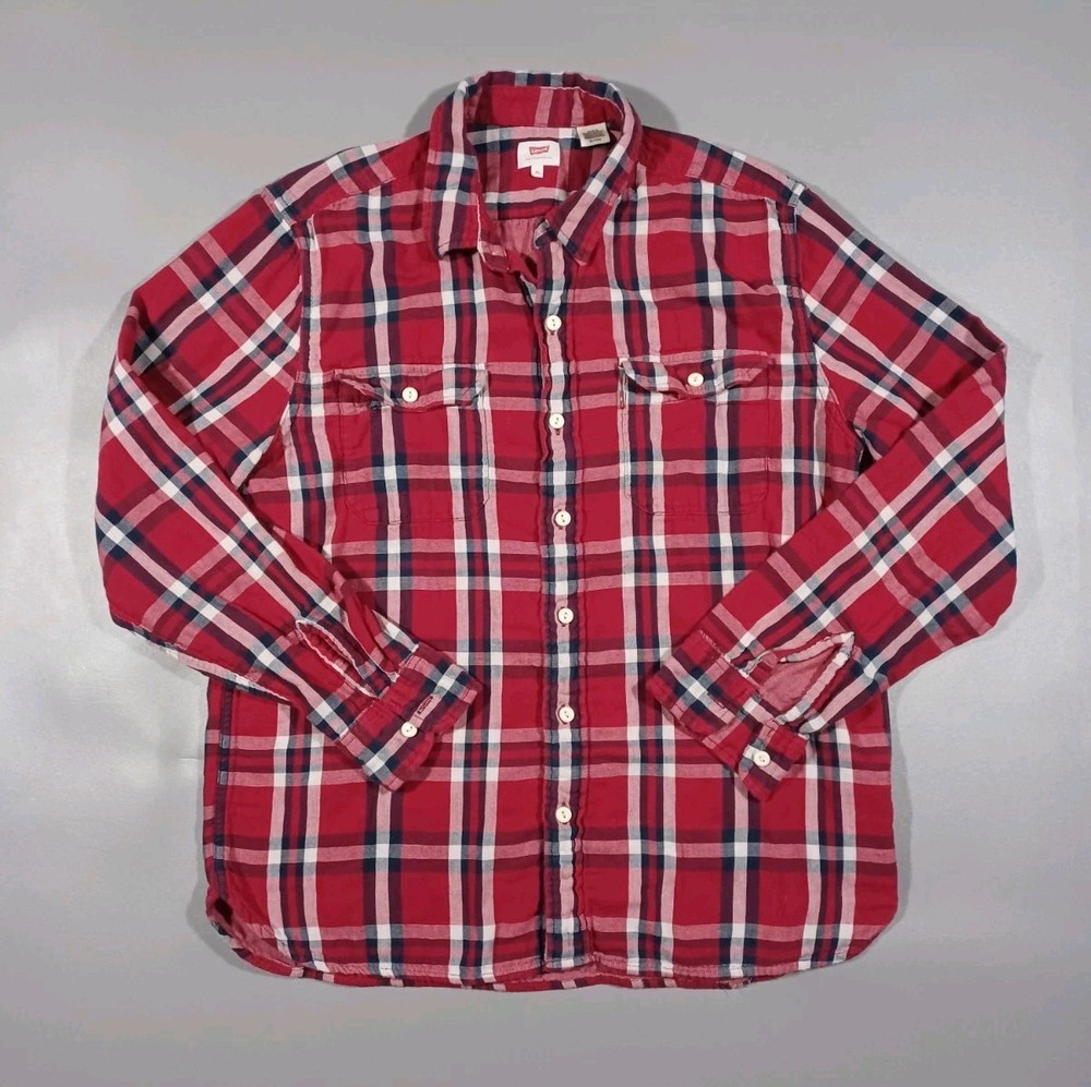 Levis Shirt Mens XL Red Blue Plaid Long Sleeve Button Up Workshirt