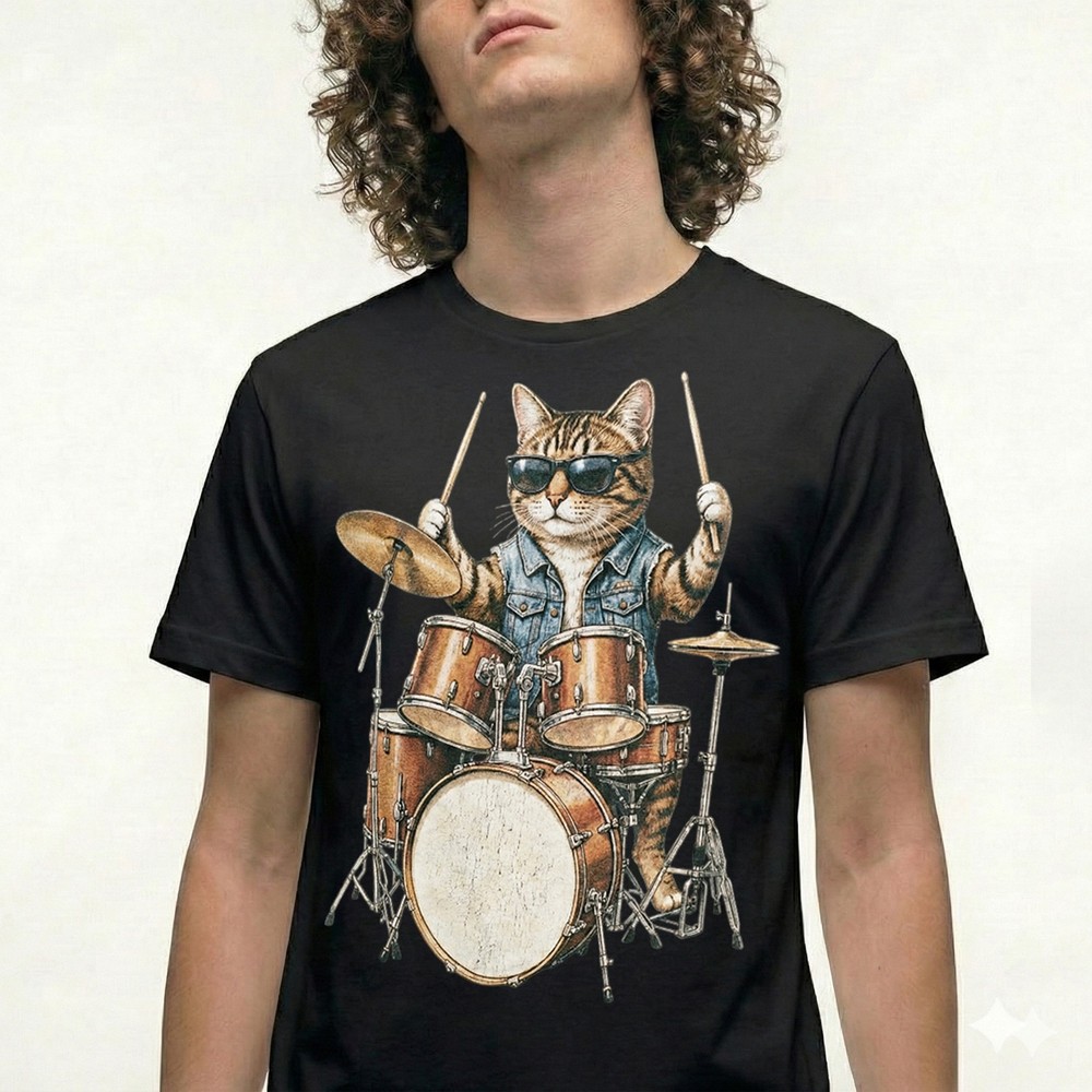Cat Drummer T-Shirt Music Band Tee Funny Vintage Retro Gift Tee