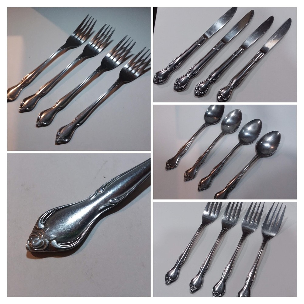 Ekco Eterna REGAL ROSE Stainless BUY Sets of 4 Dinner Forks, knives, teaspoons
