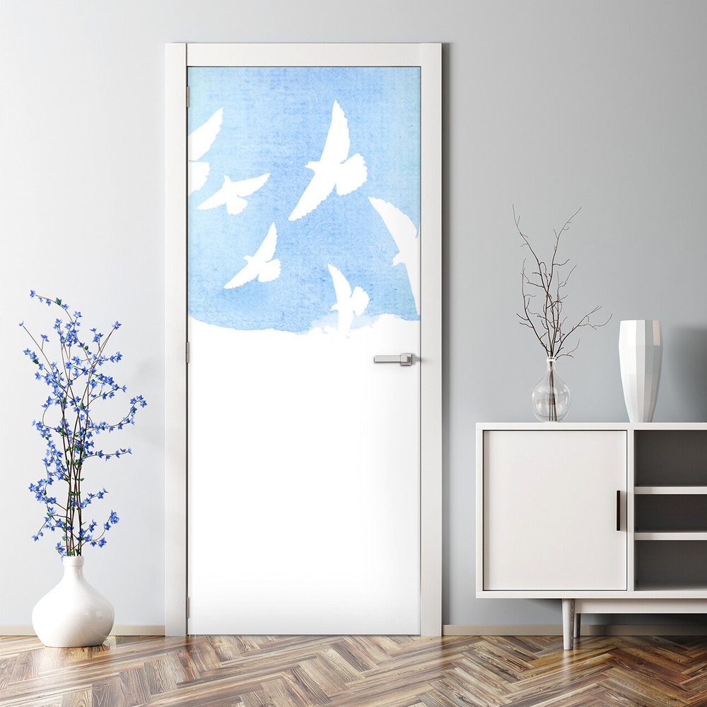 Adhesive Door sticker Watercolour birds mural Soft for nurseries Pastel colors