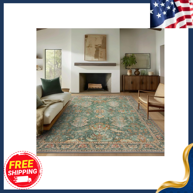 New 8x10 Washable Boho Area Rug Green Vintage Non Slip Low Pile Carpet