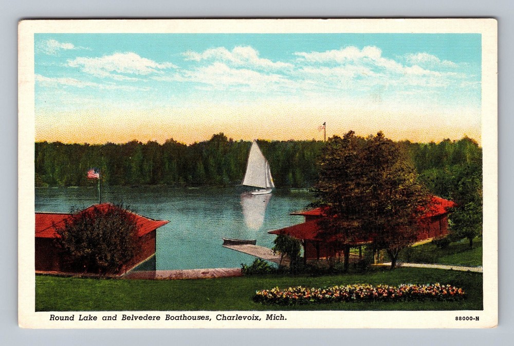 Charlevoix MI-Michigan Round Lake And Belvedere Boathouses Vintage Postcard