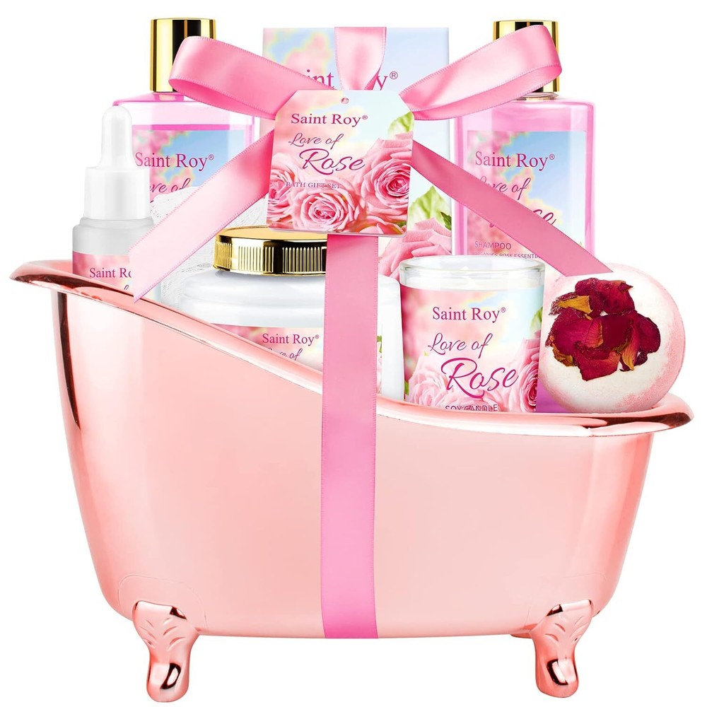 Mother Gift Bath Set for Women, Luxury Home Spa Kit Rose Bath Gift Basket 9Pcs,