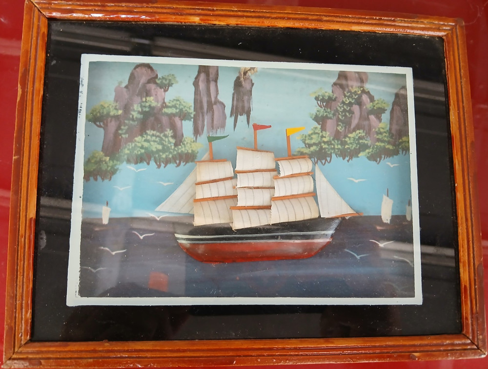 Original Folk Art Nautical Seascape Sailboats & Ships Painting Framed