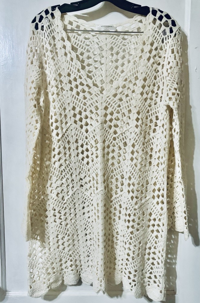 Accessorize long sleeve crochet cover up cream Crochet Top size L
