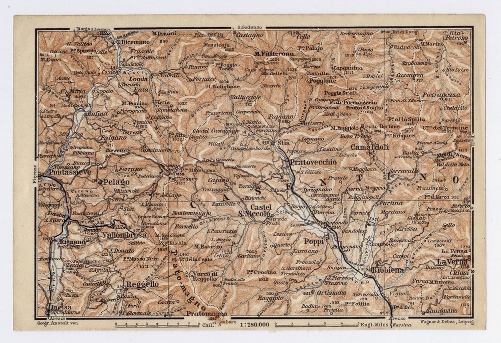 1908 Original Antique Map Of Valley Of Casentino Bibbiena Poppi Pelago Italy