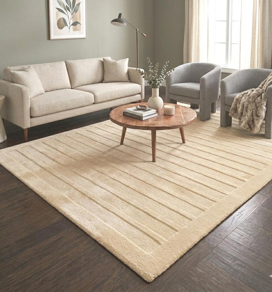 Hand Tufted NZ Wool Area Rug, Luxury Cream Beige Handmade Design Carpet Rug