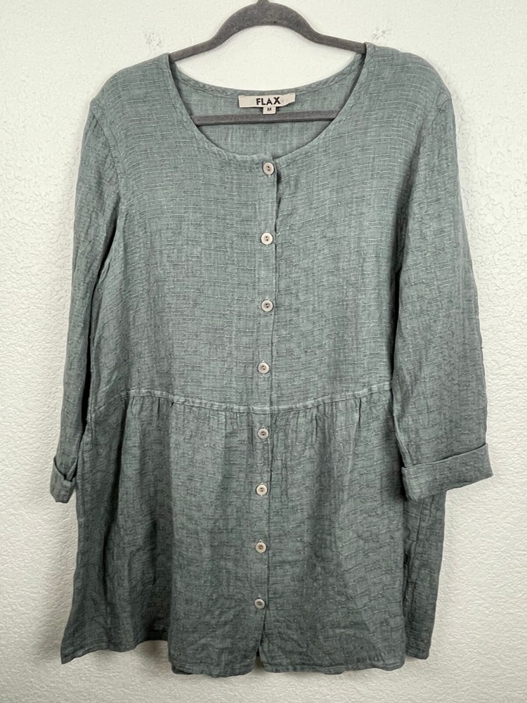 Flax Tunic Dress Womens Medium Gray Textured Button Front Tie Waist Lagenlook