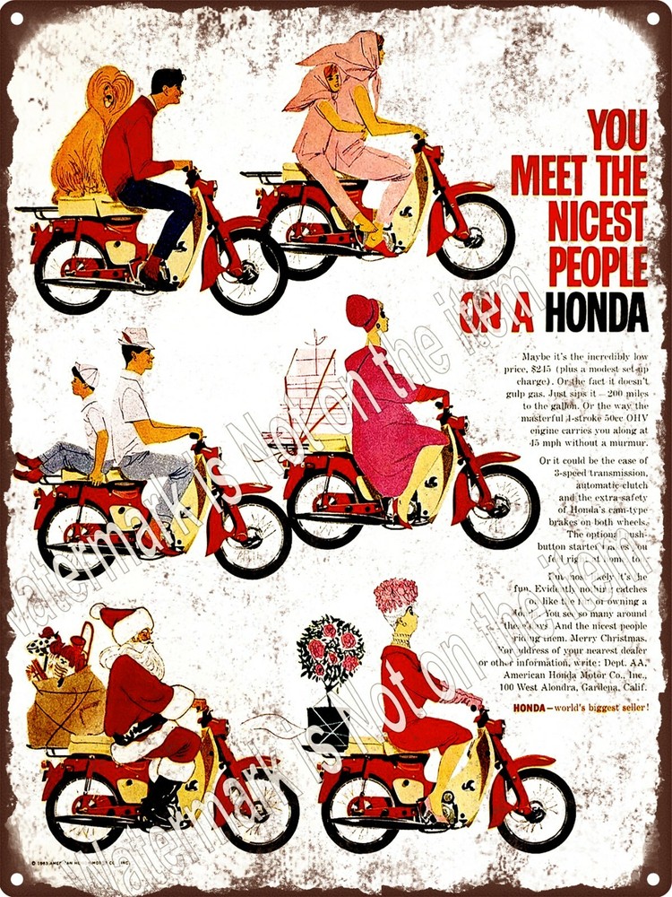1963 Honda 50cc 4-Stroke Motorcycle Santa Christmas Metal Sign 9x12 A473 Vintage Decor