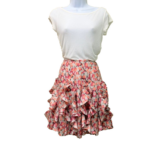 GARNET HILL 100% Silk Vertical Ruffle Skirt Size 6 Pink Tan Abstract Boho Lined
