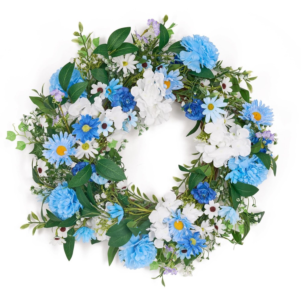 GENMOUS 24 Inch Blue Daisy Wreath for Front Door Rustic Farmhouse Spring Summer Decor