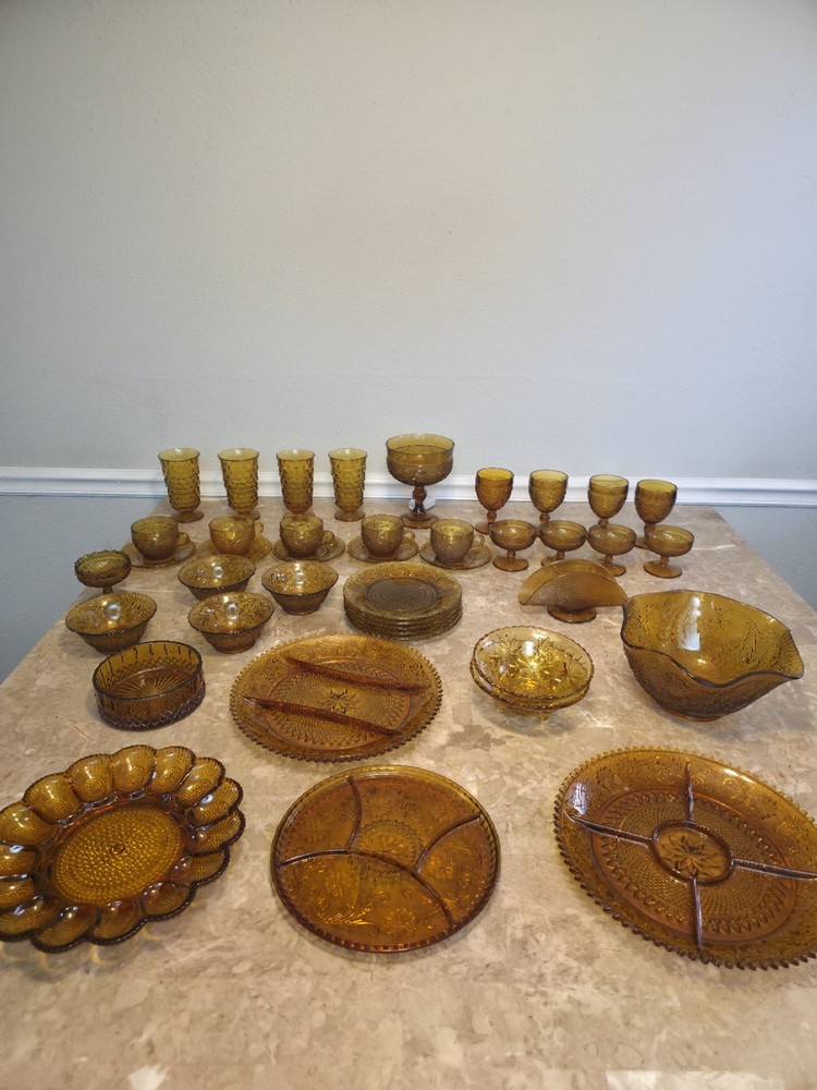 Huge Lot 44 PC Vintage 70s Amber Glass Dinnerware Set Indiana Glass Sandwich