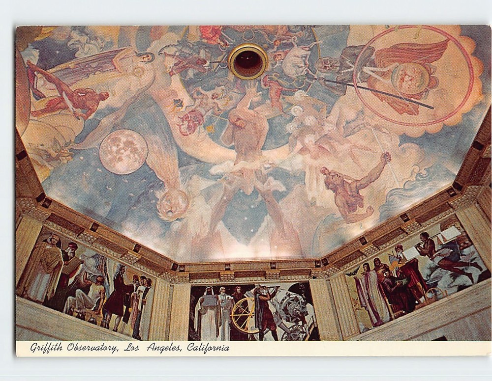Postcard South view of murals Griffith Observatory Los Angeles California USA