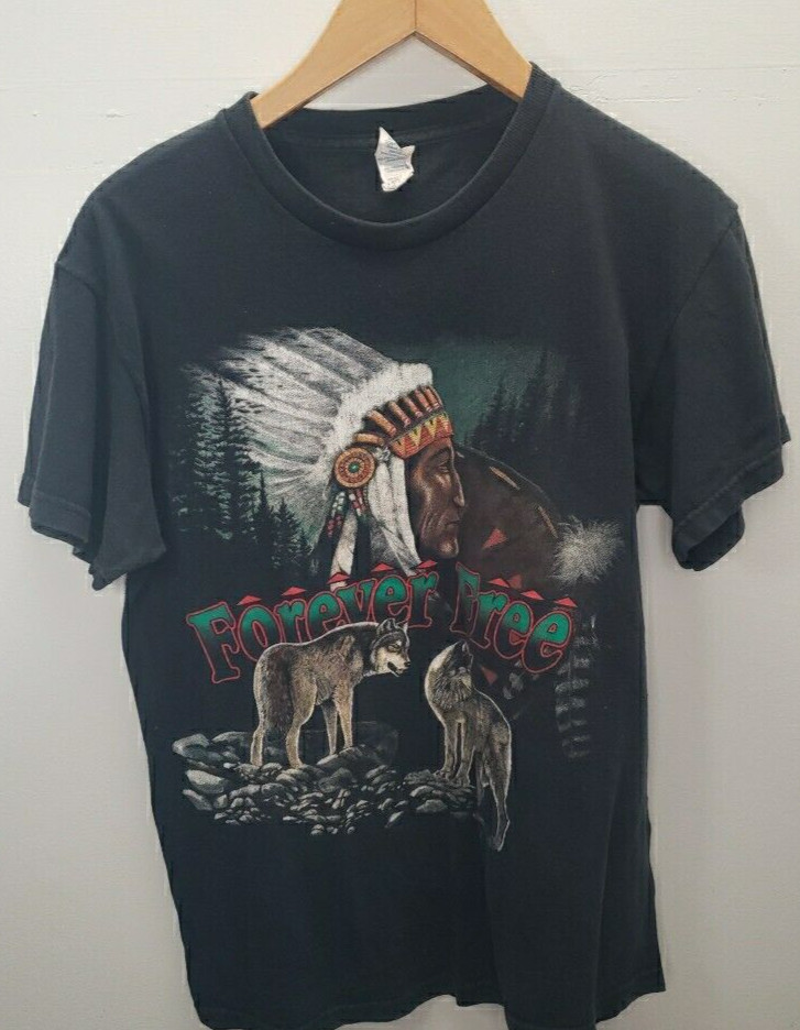 Vintage 90s Forever Free Thunder Native American T-Shirt M Black Lightning Wolf