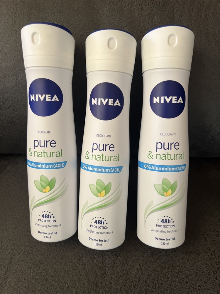 Nivea Pure Natural 0% Aluminum Deodorant Spray 48h Protection 150ml Pack of 3
