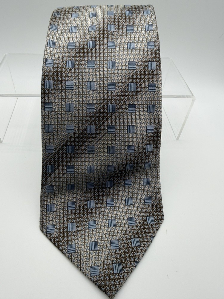 Vintage Burma Bibas Silver Blue Geometric Tie Mens 100% Silk Necktie Brown Blue