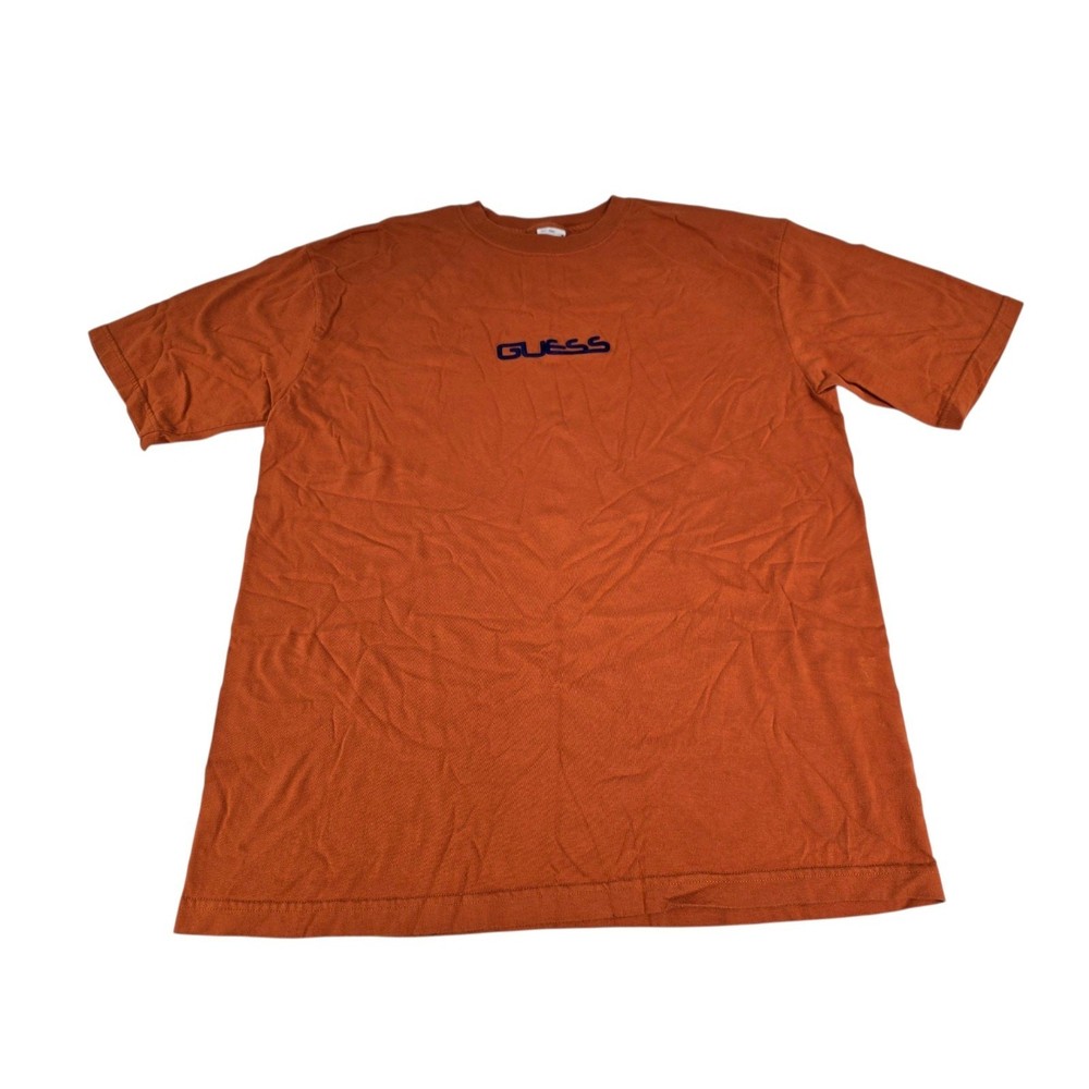 Vintage 90's Made In USA Guess Embroidered Logo Orange T-Shirt Men XL Hip-hop