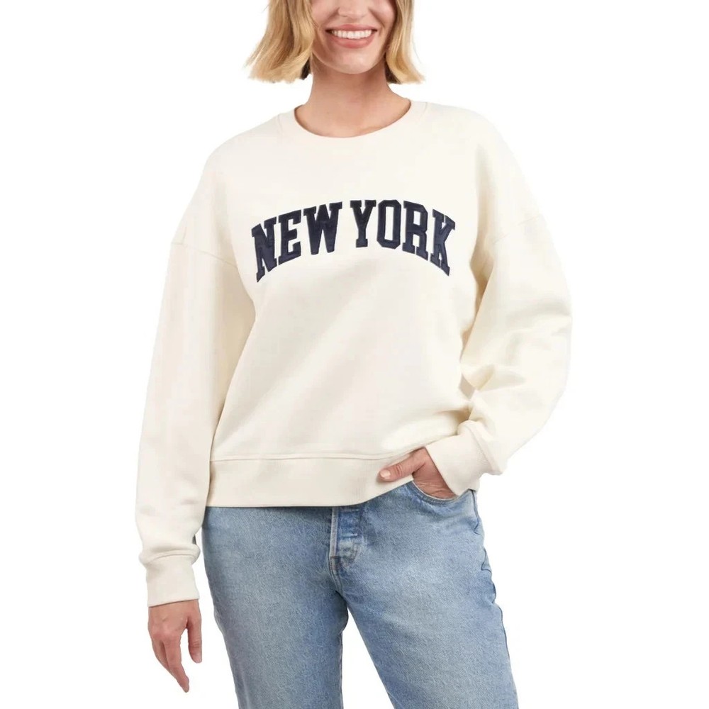 Elle Sport Women's New York Logo Crewneck Long Sleeve Sweatshirt, Cream, Size S