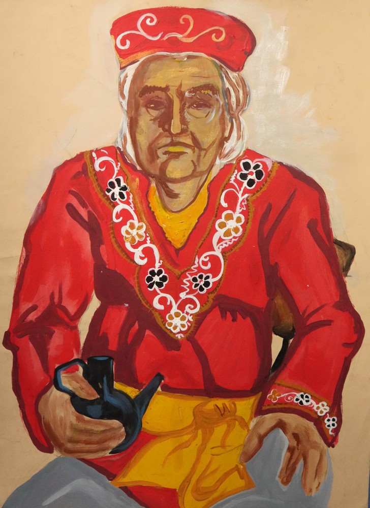 Vintage gouache painting woman with traditional costume