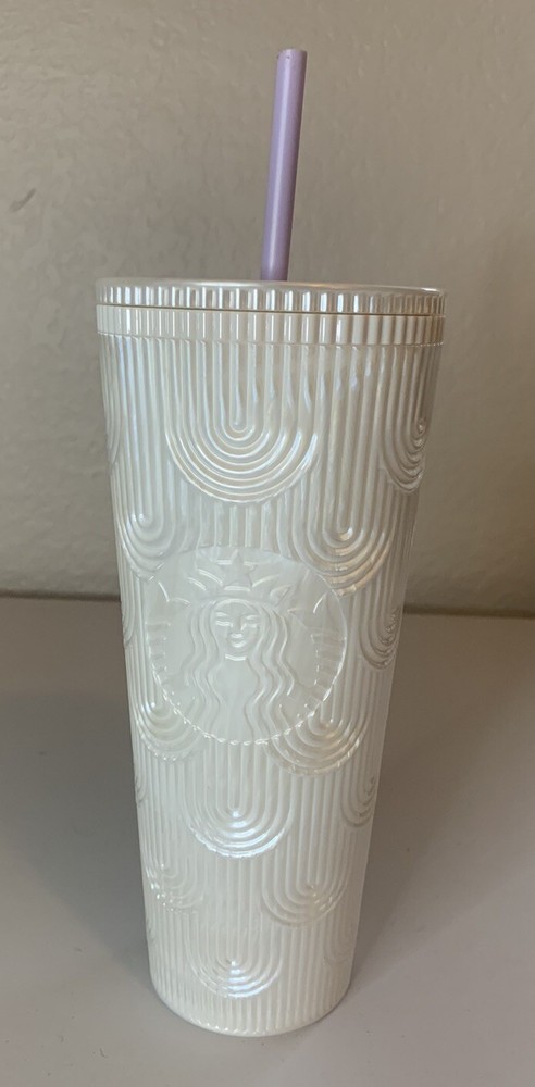 2023 Starbucks 24oz Pearl White Mermaid Tumbler with Straw & Siren Shell Design