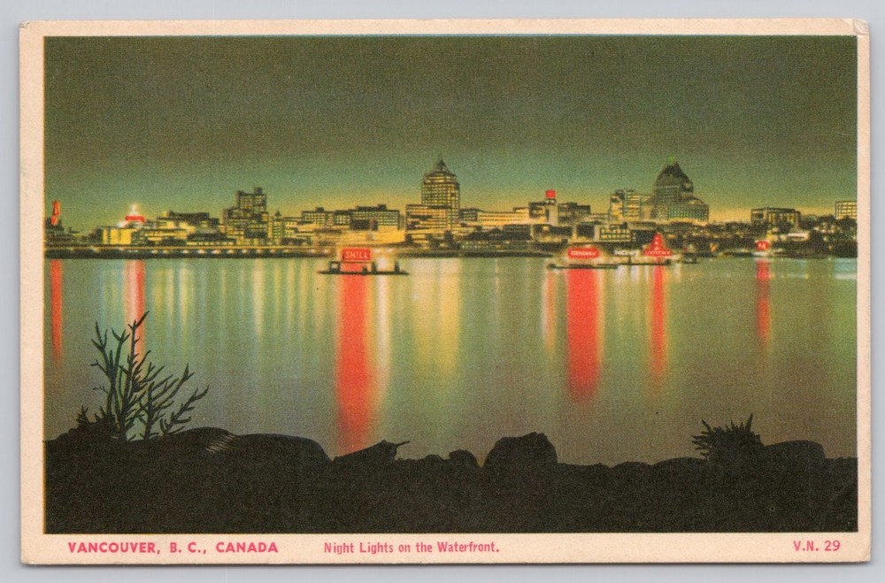 Vancouver BC Night Lights Waterfront Skyline 1931 Postcard Canada