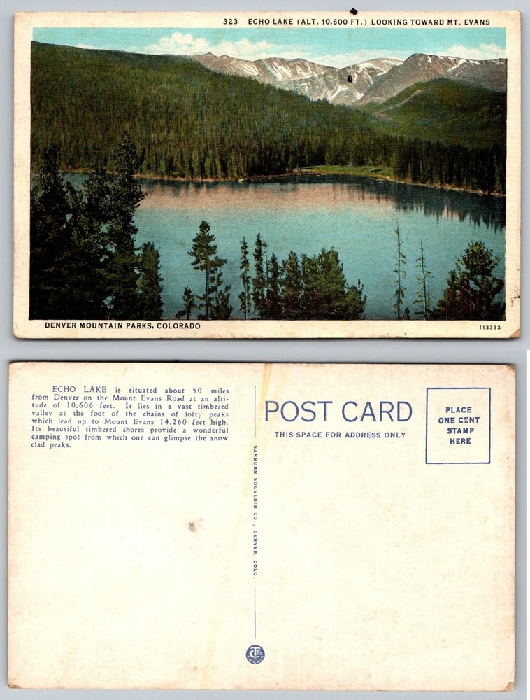 Echo Lake Mt Evans Colorado Linen Postcard Denver Mountain Parks Scenic View