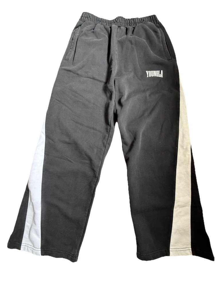 YOUNGLA SIZE MEDIUM TRACK PANTS DRAWSTRING BLACK STRAIGHT LEG
