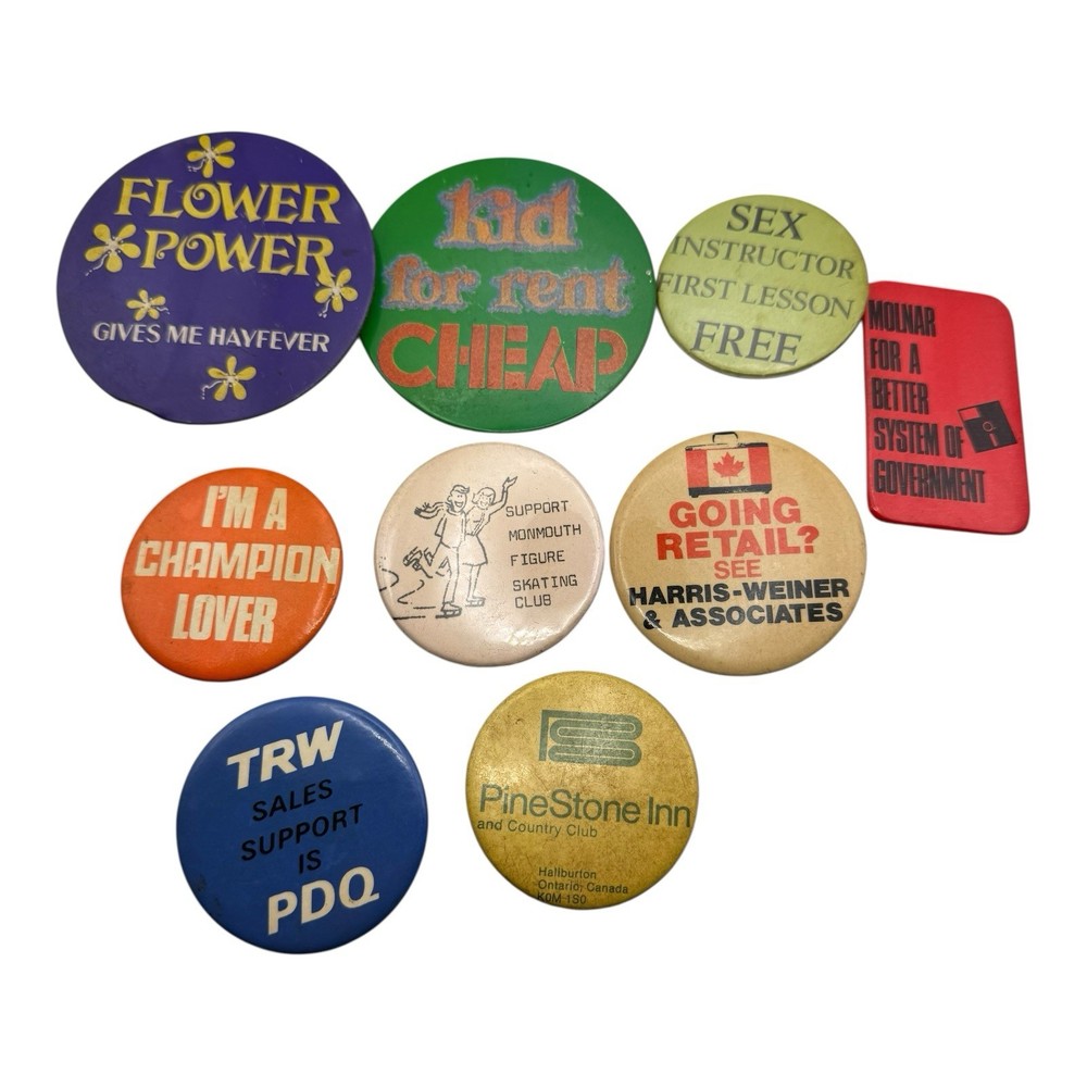 Lot of 9 Vintage Pinback Buttons Humorous Advertising Political Novelty 1970s