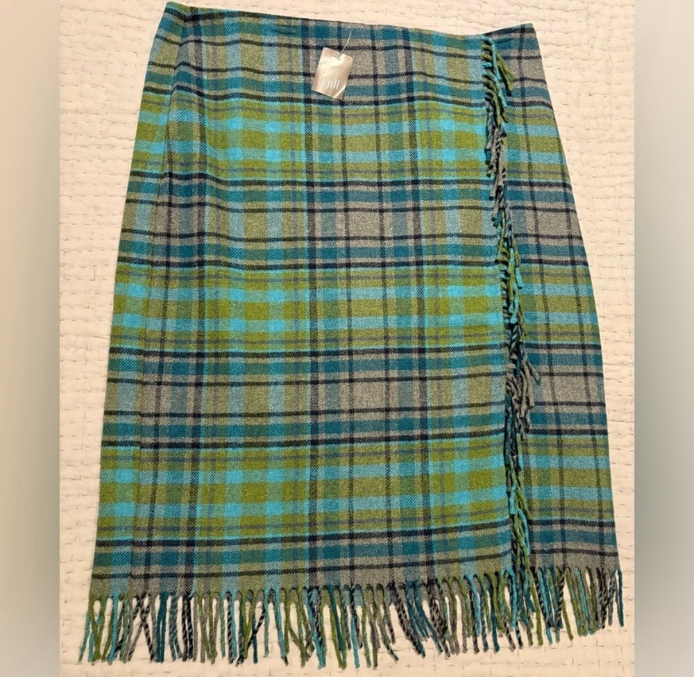 NWT J. Jill Size 14 Pencil Skirt Plaid Fringe Green & Blue Wool Blend